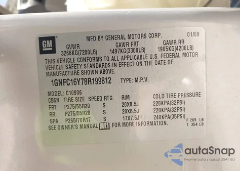 2008 Chevrolet Suburban 1500 Ltz z USA, uszkodzony, nr VIN 1GNFC16Y78R199812